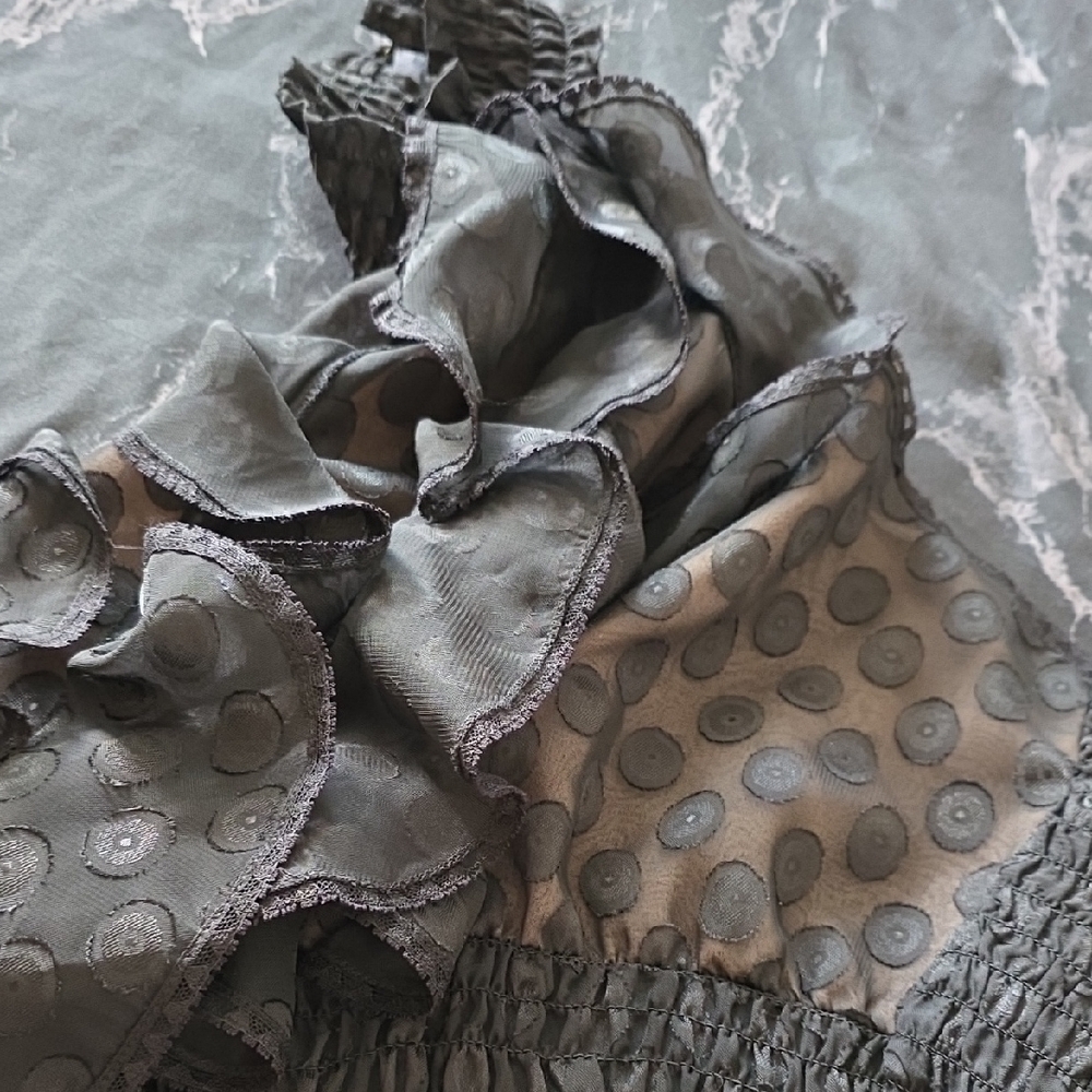 Elegant Black Grey Layered Ruffle No Sleeve Semi See Through Tunic Cropped Top - Picture 12 of 16